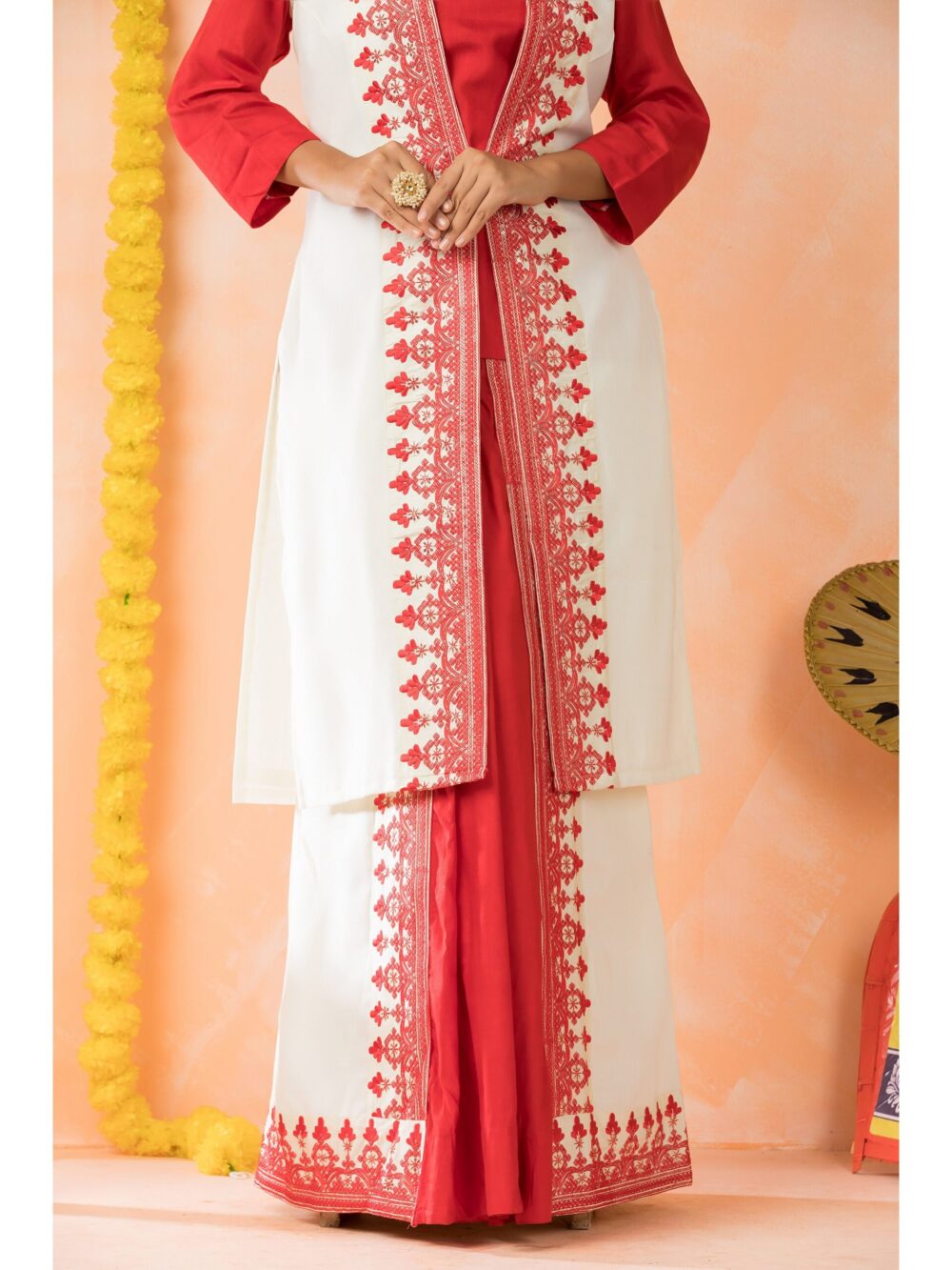 Rubynique Tussar Red and Off white Colour with Red Resham Trade Embroidery saree fusion 3 piece - Image 5