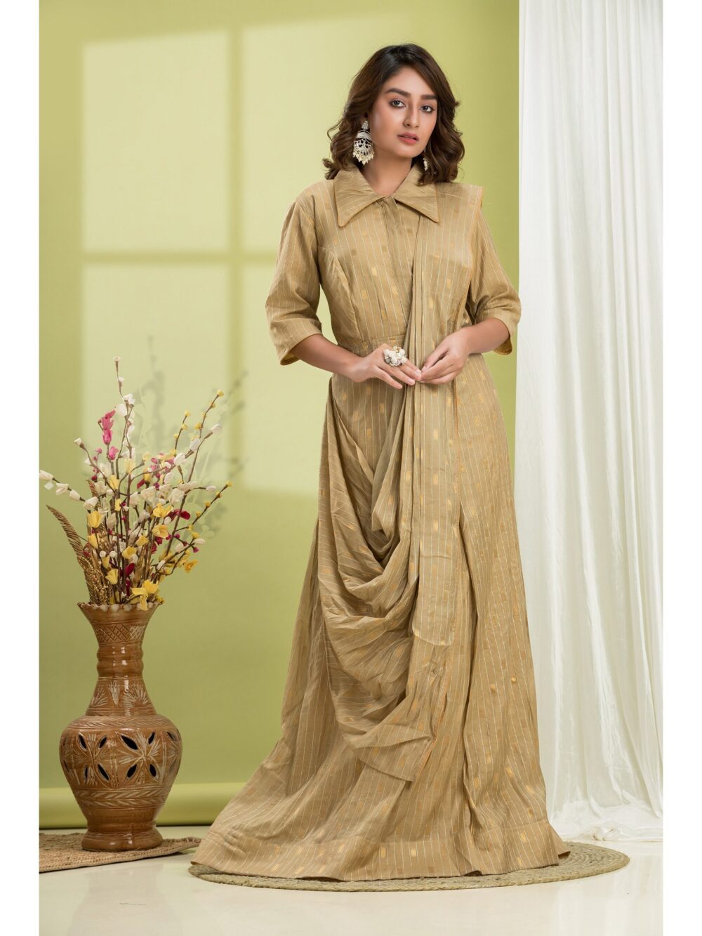 Beige Colour Tussar Cotton Golden Zari Weaving Fusion Gown Saree