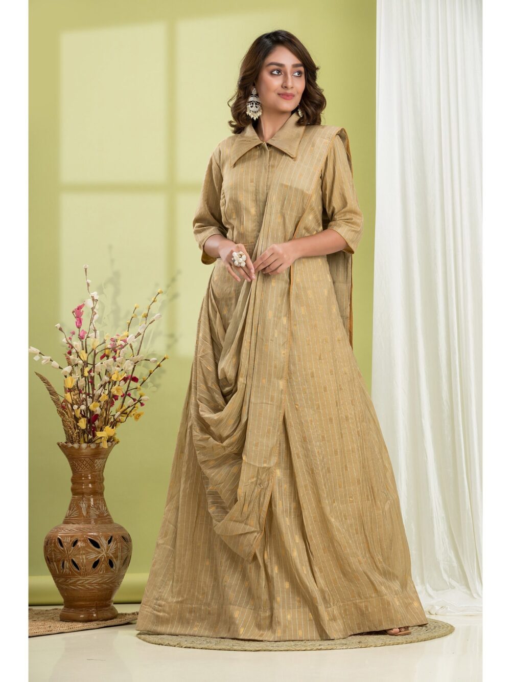 Beige Colour Tussar Cotton Golden Zari Weaving Fusion Gown Saree - Image 3