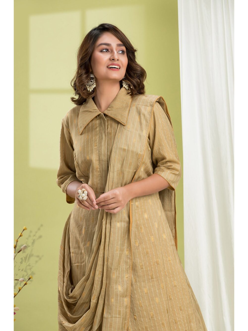 Beige Colour Tussar Cotton Golden Zari Weaving Fusion Gown Saree - Image 2