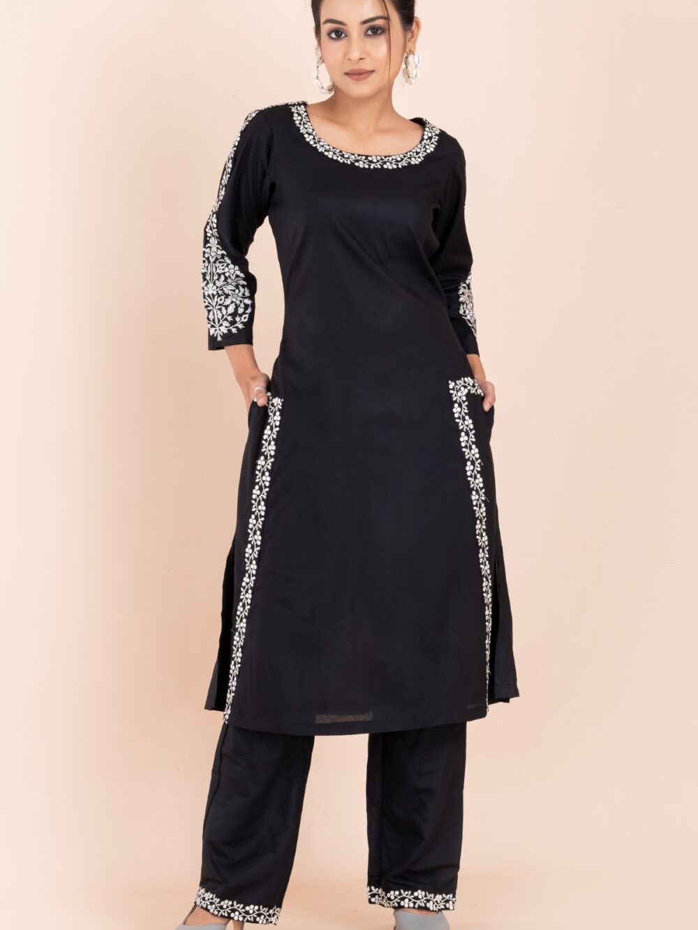 Black and white embroidery work cotton co-ord set