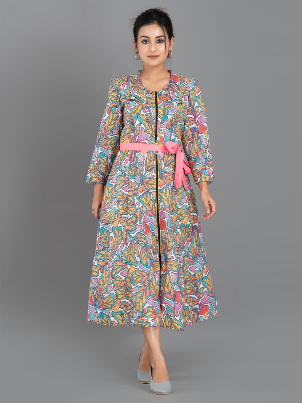 Pink Aqua yellow Pure Cotton Digital Print Indo-Western Dress with Collar & Pockets - Image 2