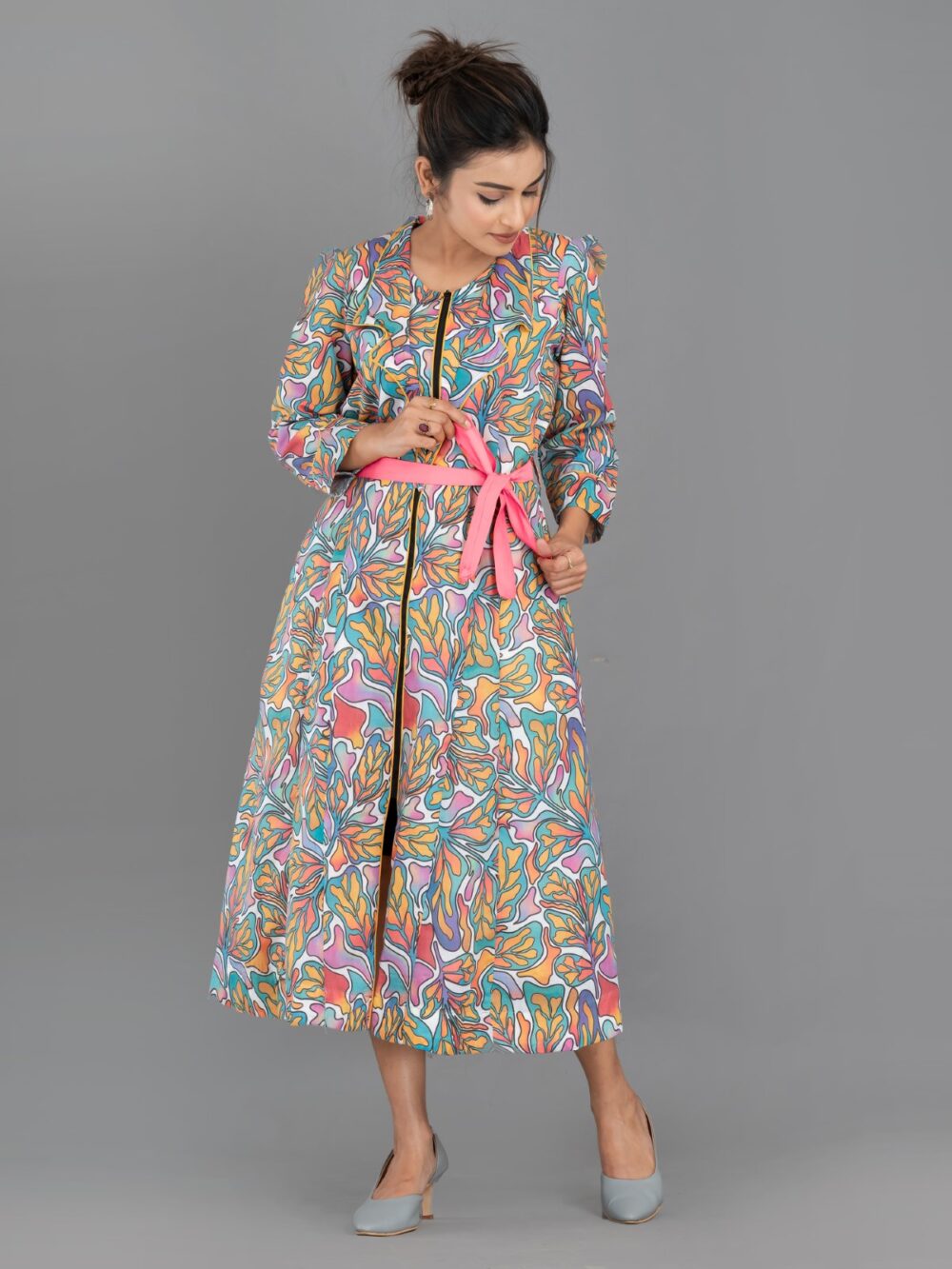 Pink Aqua yellow Pure Cotton Digital Print Indo-Western Dress with Collar & Pockets - Image 3