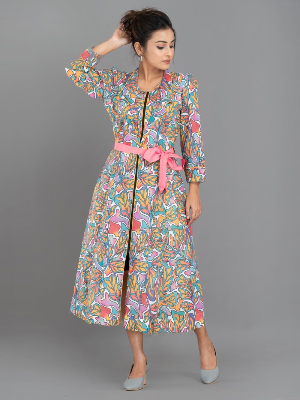 Pink Aqua yellow Pure Cotton Digital Print Indo-Western Dress with Collar & Pockets - Image 5