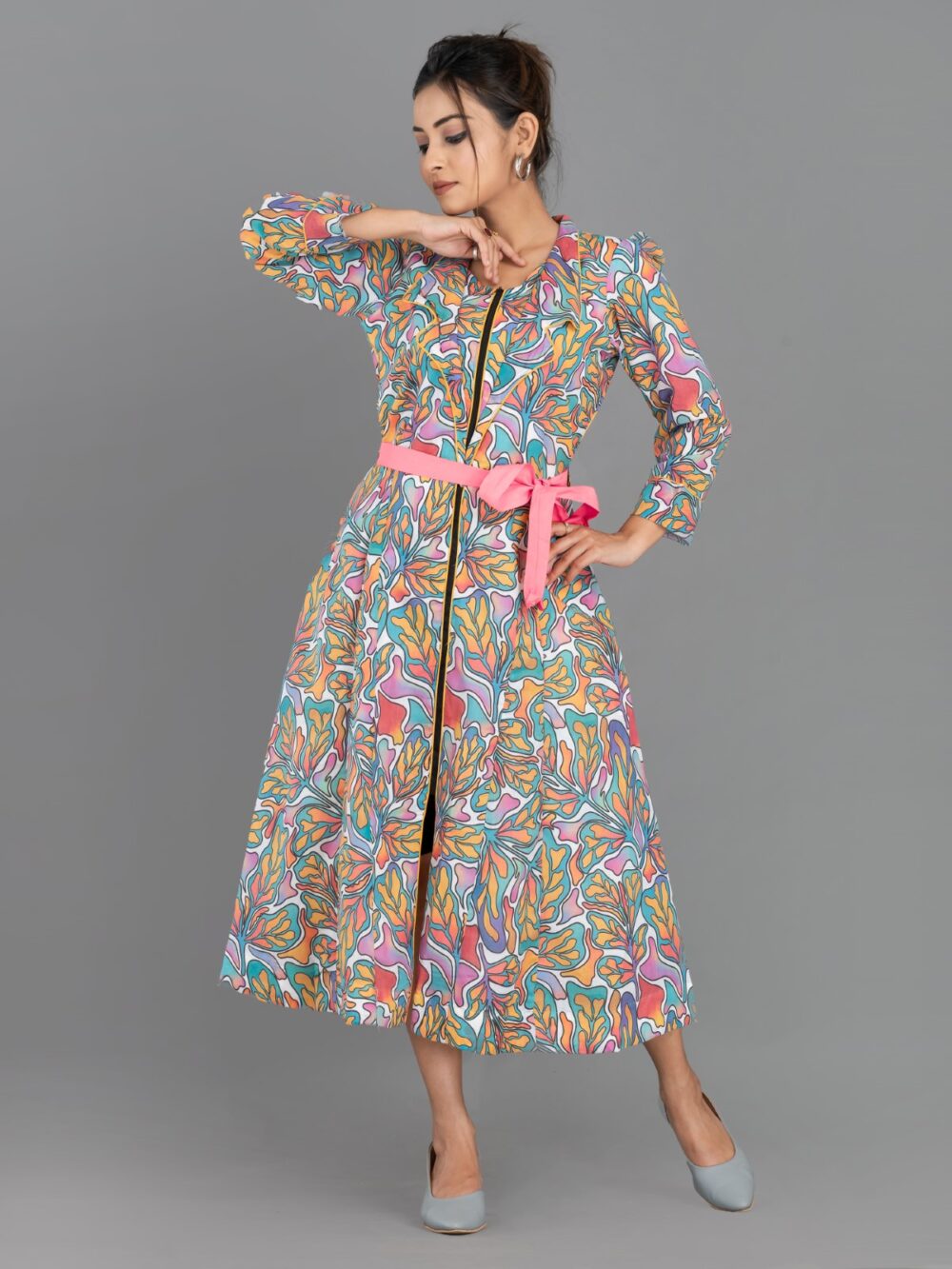 Pink Aqua yellow Pure Cotton Digital Print Indo-Western Dress with Collar & Pockets - Image 6