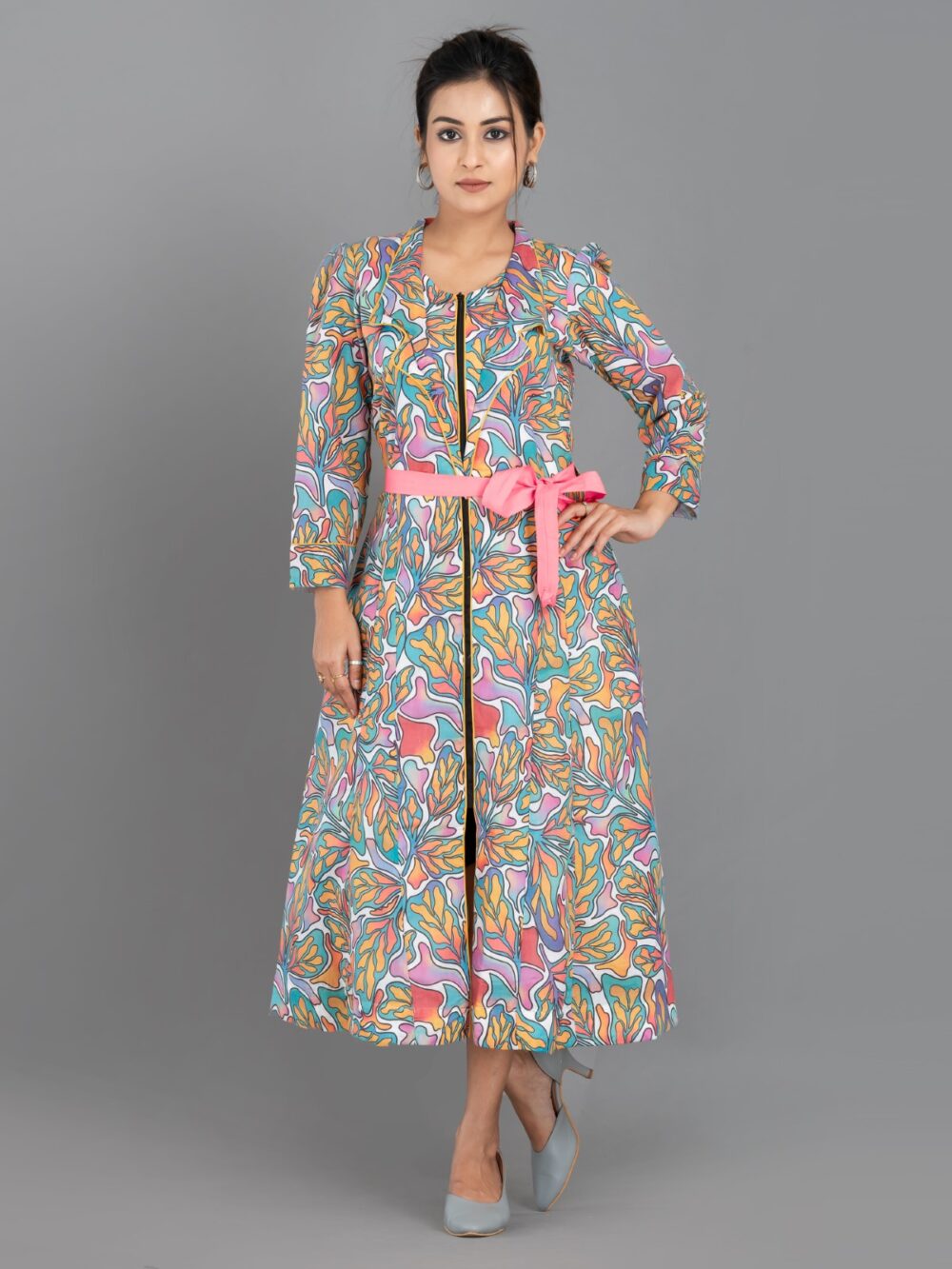 Pink Aqua yellow Pure Cotton Digital Print Indo-Western Dress with Collar & Pockets