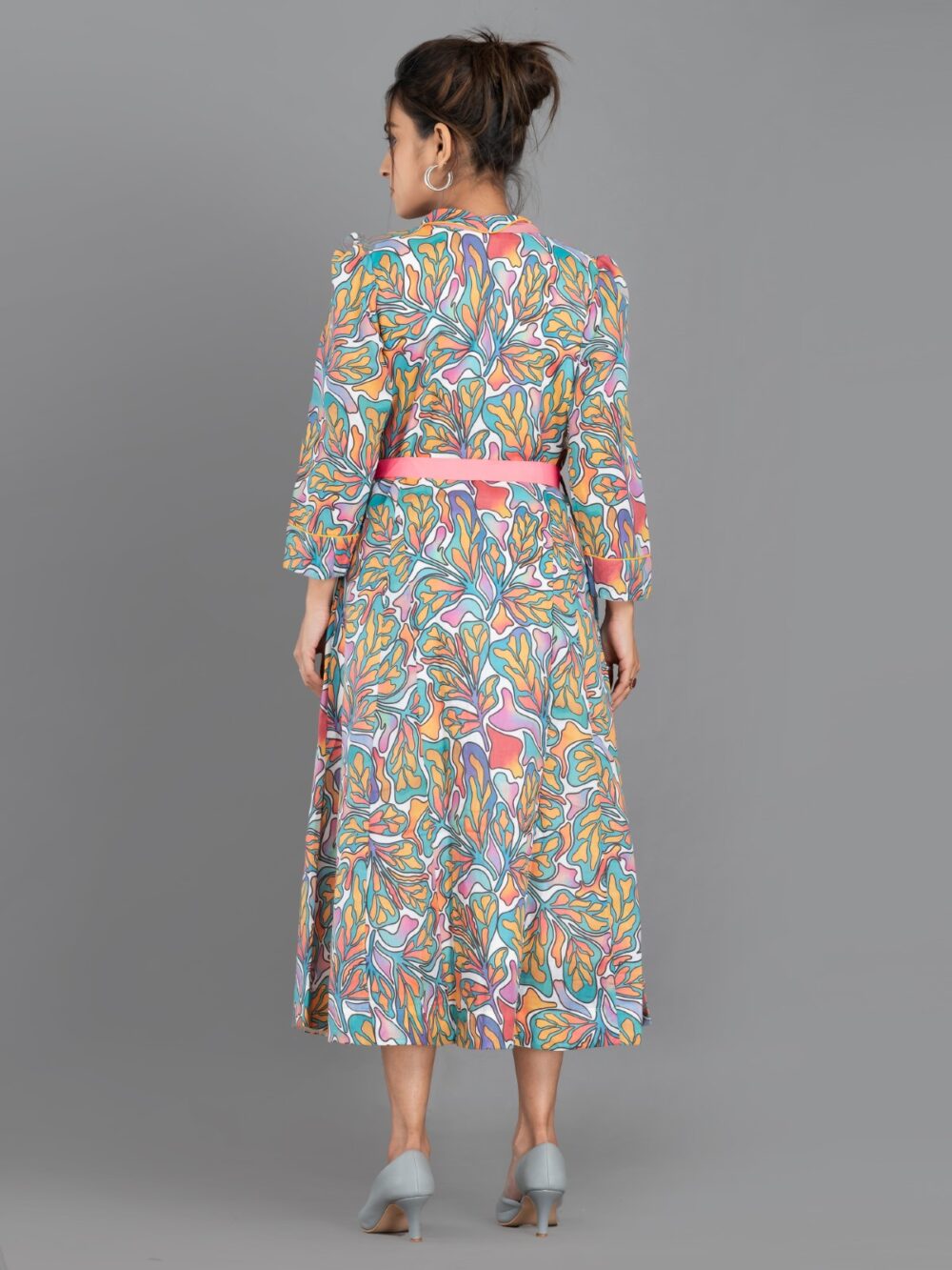 Pink Aqua yellow Pure Cotton Digital Print Indo-Western Dress with Collar & Pockets - Image 7