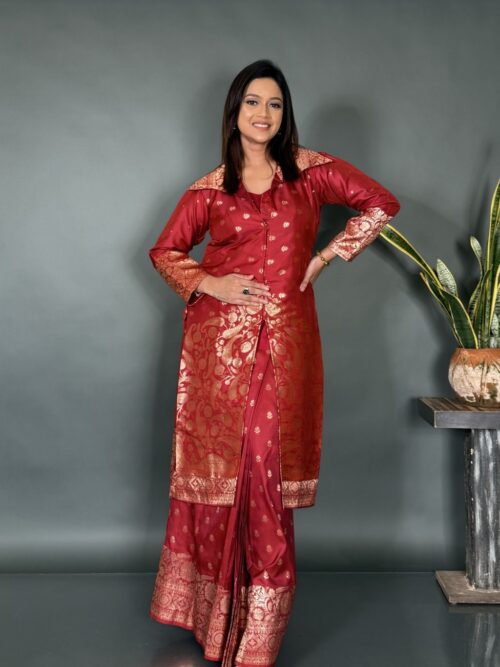 Rangmahal Maroon Silk Fusion Saree Set