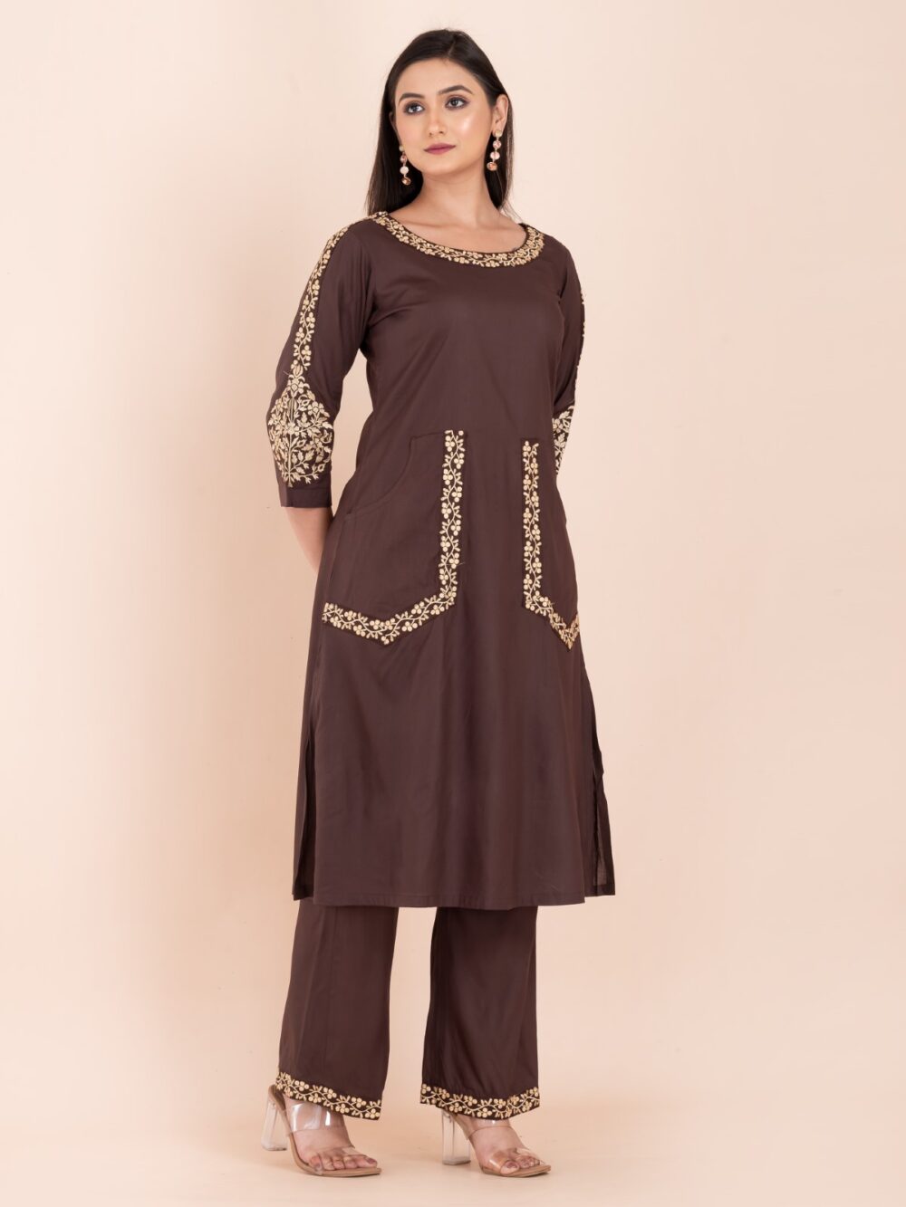 Chocolate Cotton Embroidered Co-ord Set