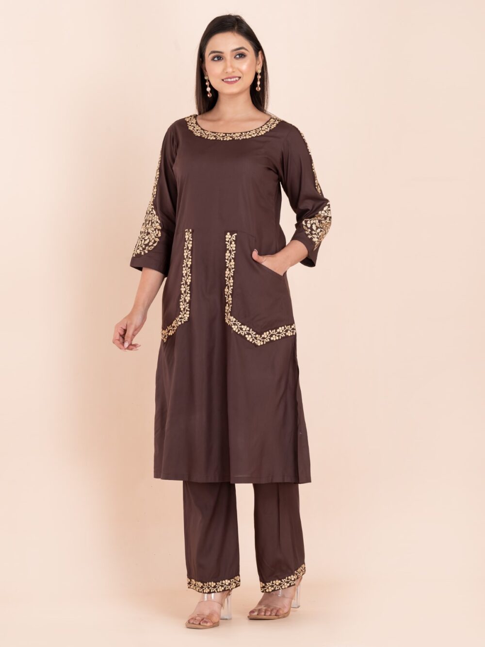 Chocolate Cotton Embroidered Co-ord Set - Image 2