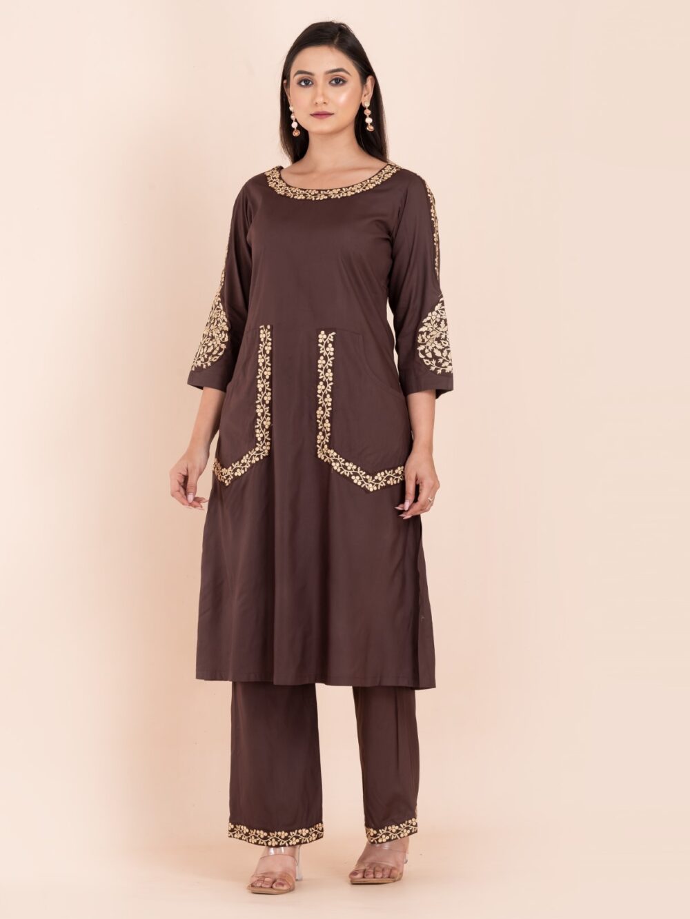 Chocolate Cotton Embroidered Co-ord Set - Image 3