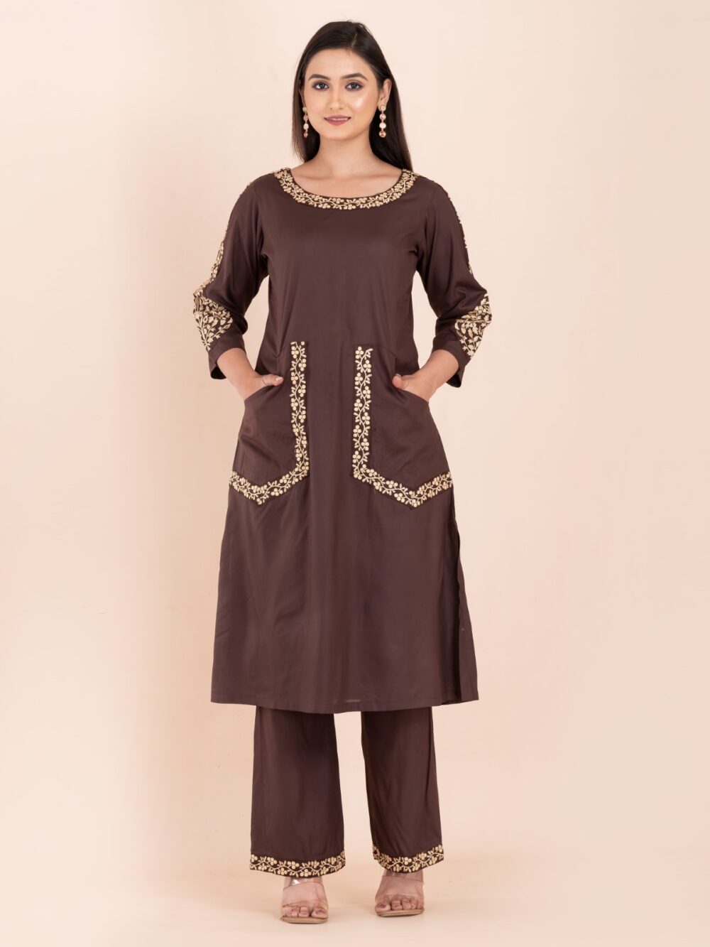 Chocolate Cotton Embroidered Co-ord Set - Image 4