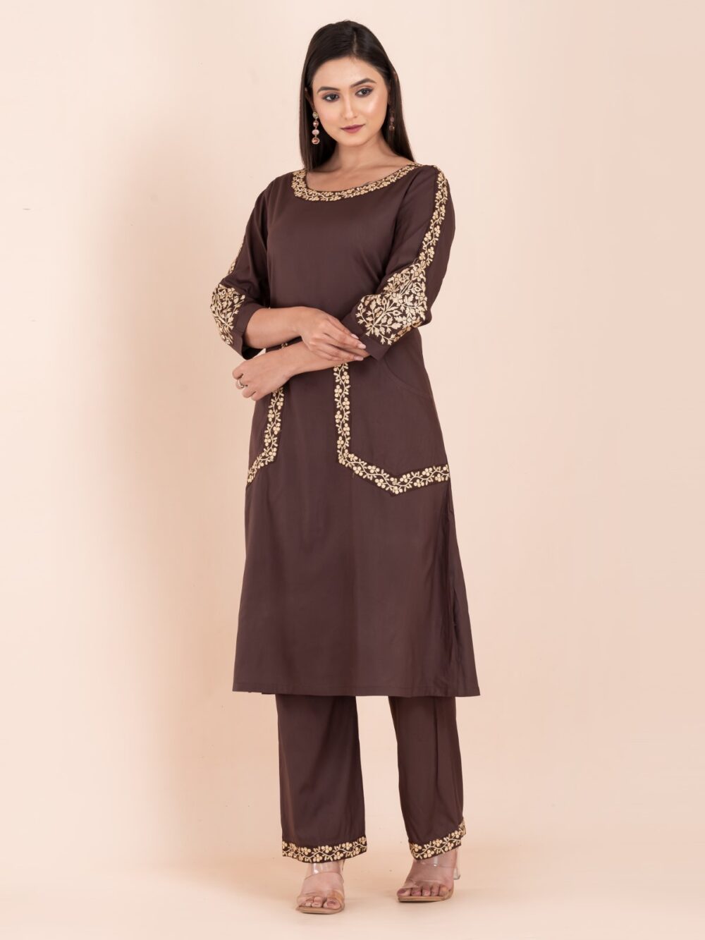 Chocolate Cotton Embroidered Co-ord Set - Image 6