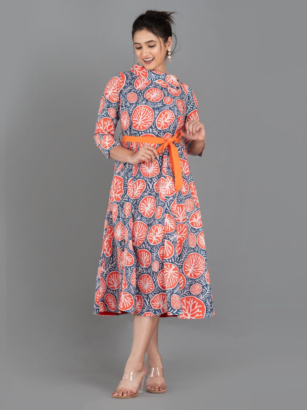 Orange-Blue Pure Cotton Digital Print Indo-Western Dress with Collar & Pockets - Image 2