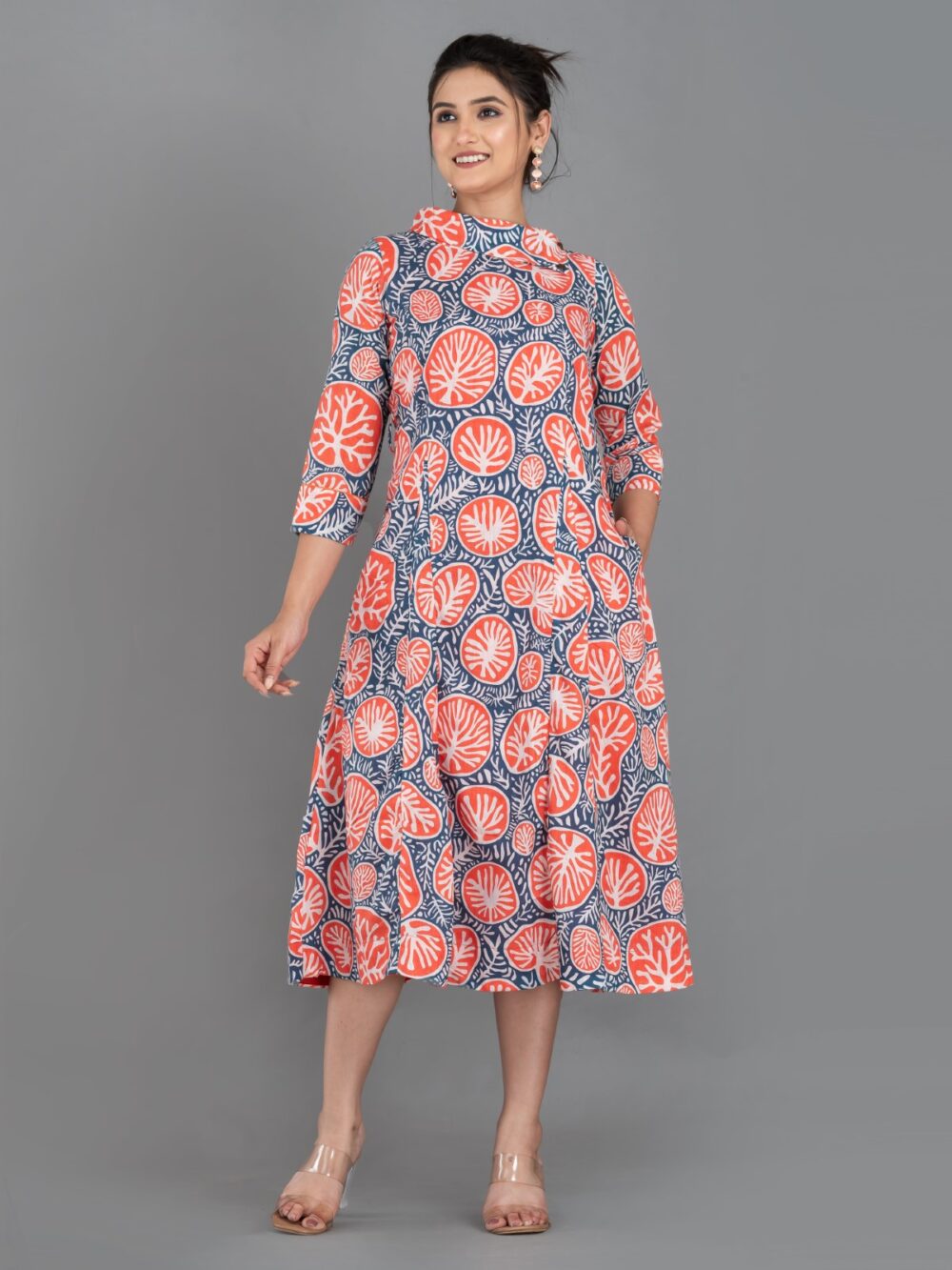 Orange-Blue Pure Cotton Digital Print Indo-Western Dress with Collar & Pockets