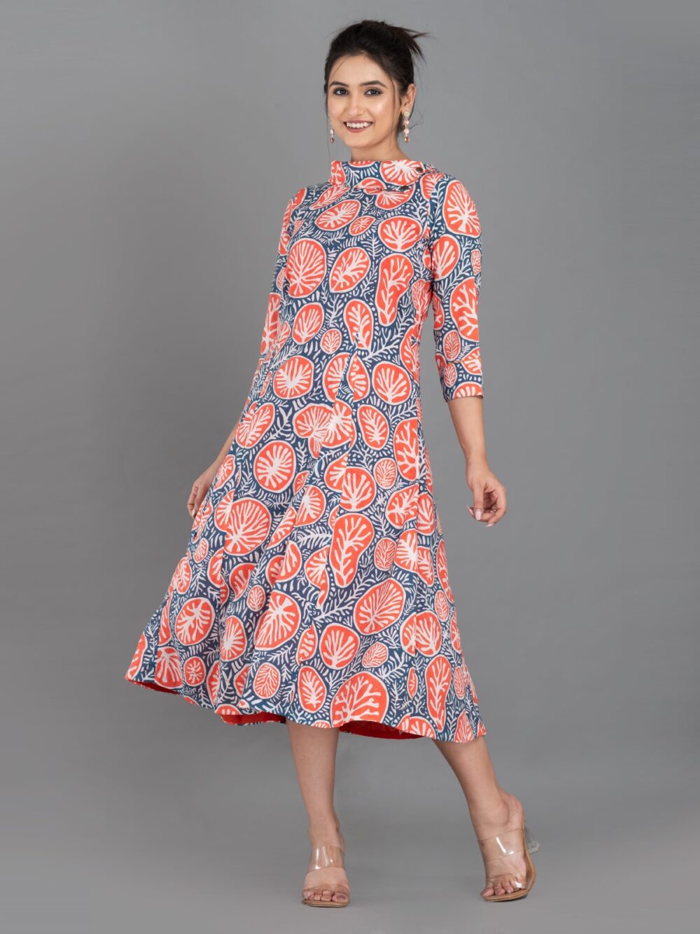 Orange-Blue Pure Cotton Digital Print Indo-Western Dress with Collar & Pockets - Image 11