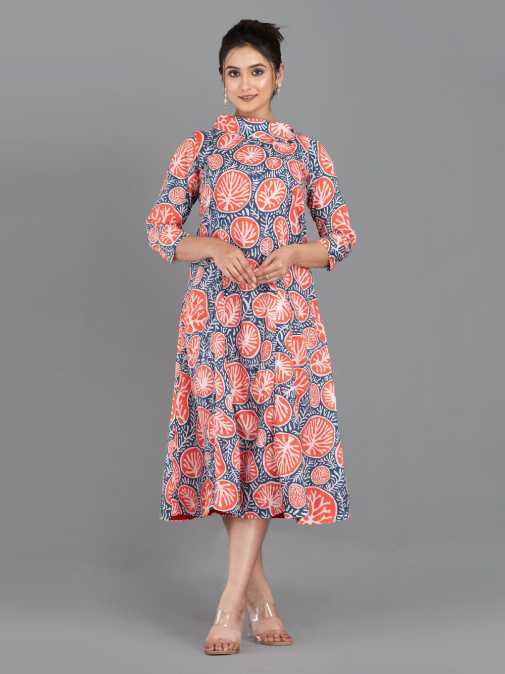 Orange-Blue Pure Cotton Digital Print Indo-Western Dress with Collar & Pockets - Image 12