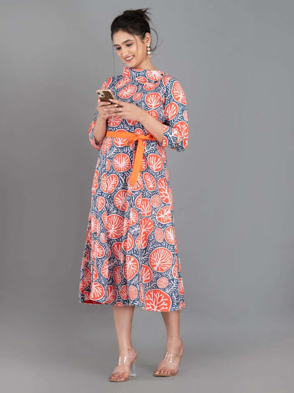 Orange-Blue Pure Cotton Digital Print Indo-Western Dress with Collar & Pockets - Image 13