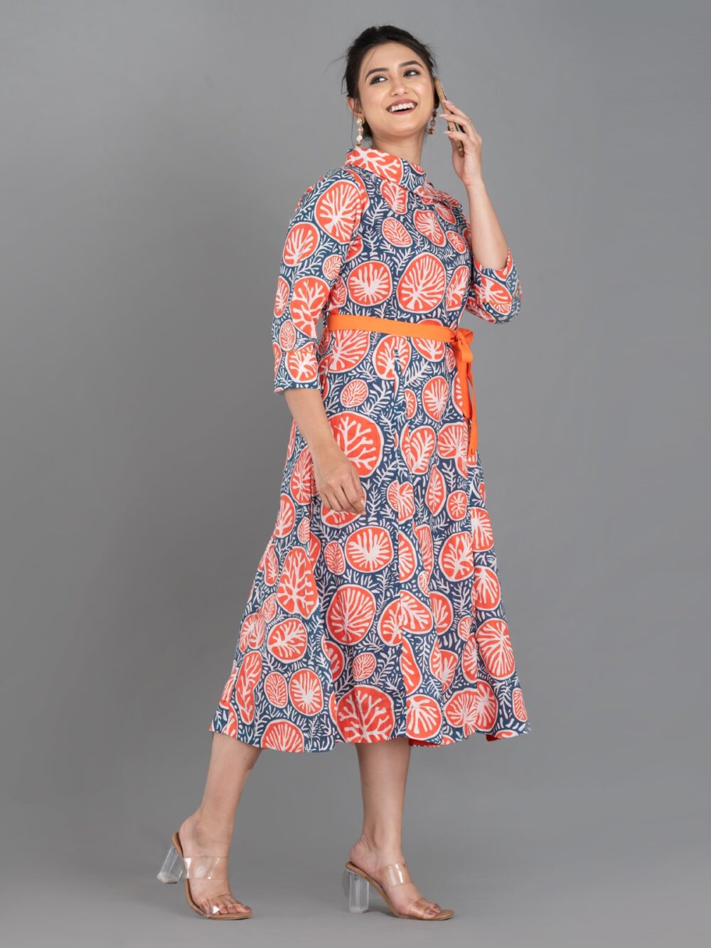 Orange-Blue Pure Cotton Digital Print Indo-Western Dress with Collar & Pockets - Image 14