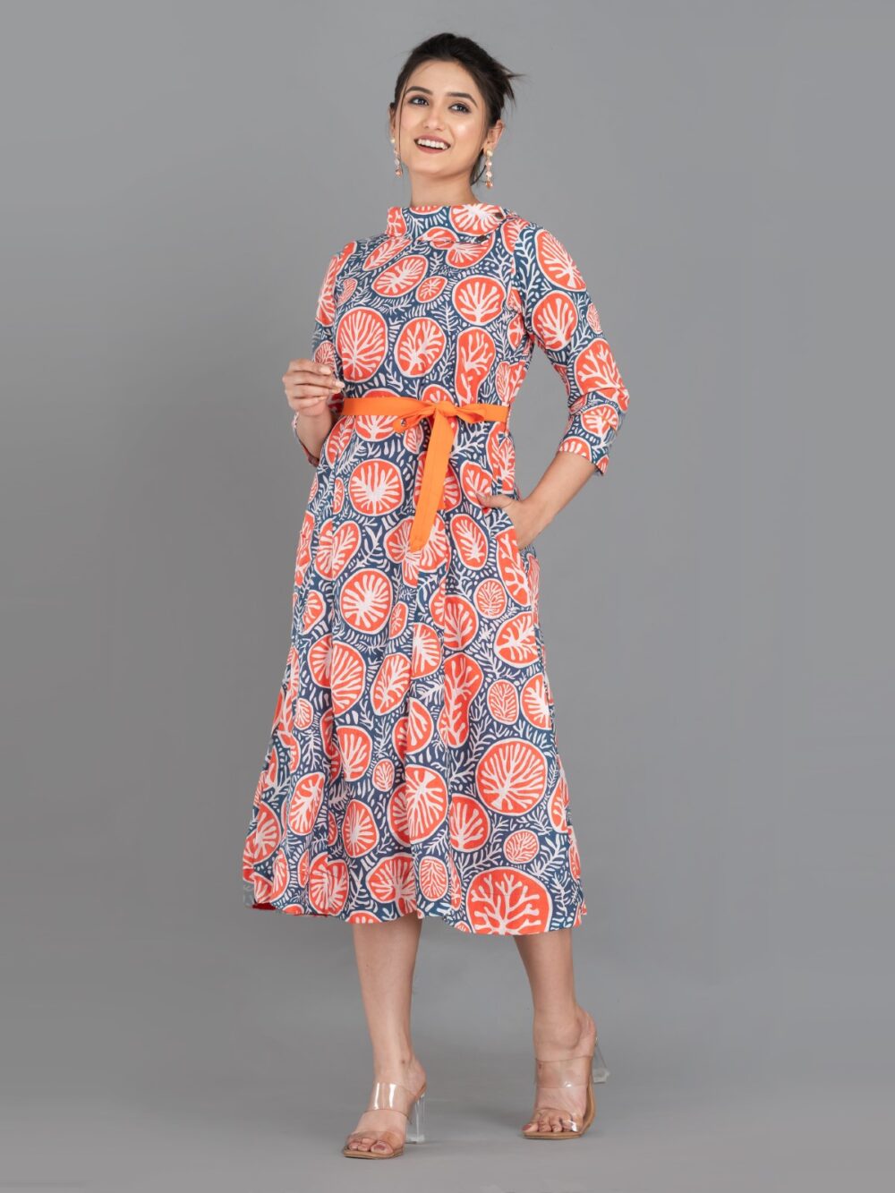 Orange-Blue Pure Cotton Digital Print Indo-Western Dress with Collar & Pockets - Image 3