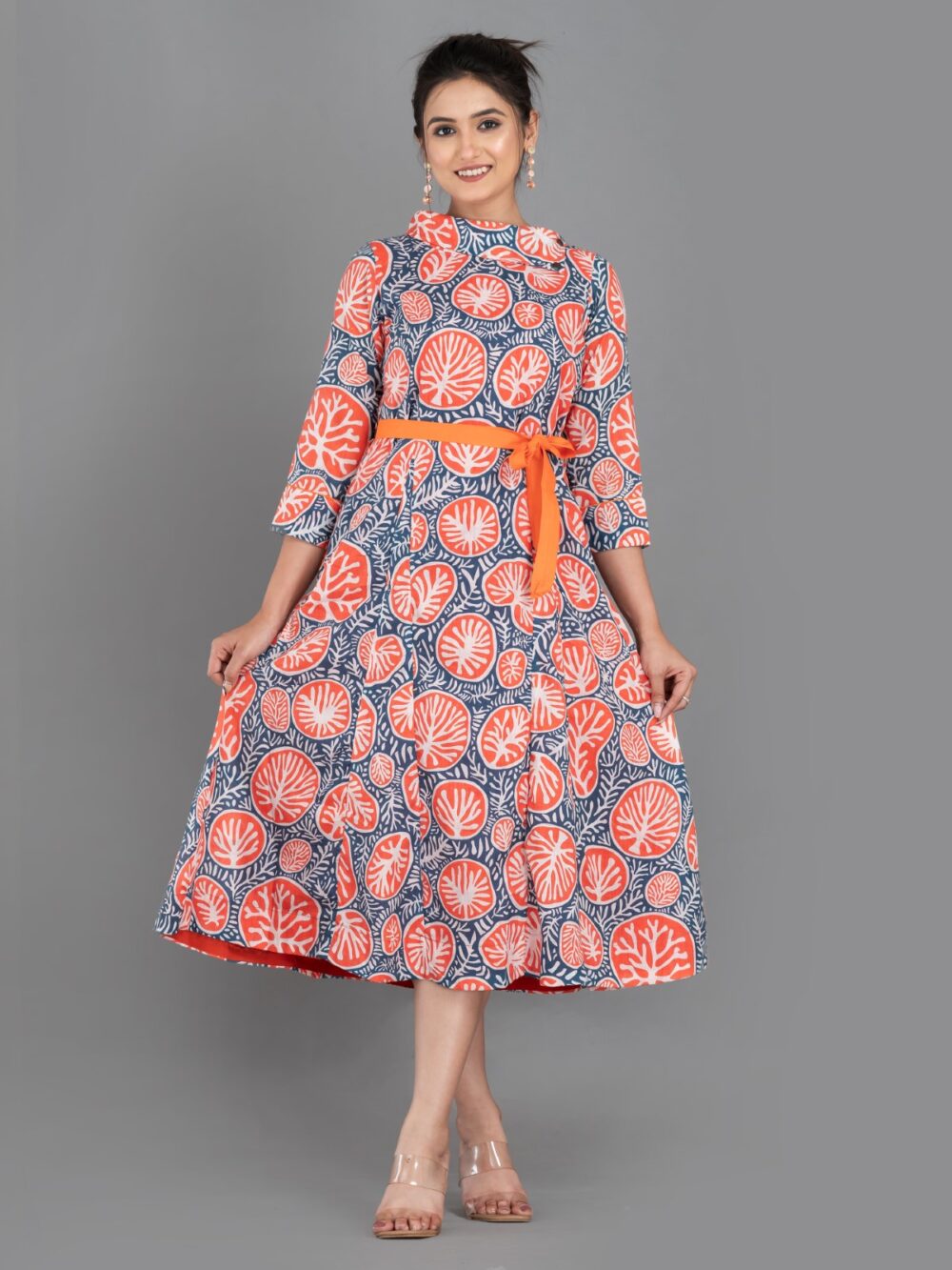 Orange-Blue Pure Cotton Digital Print Indo-Western Dress with Collar & Pockets - Image 4