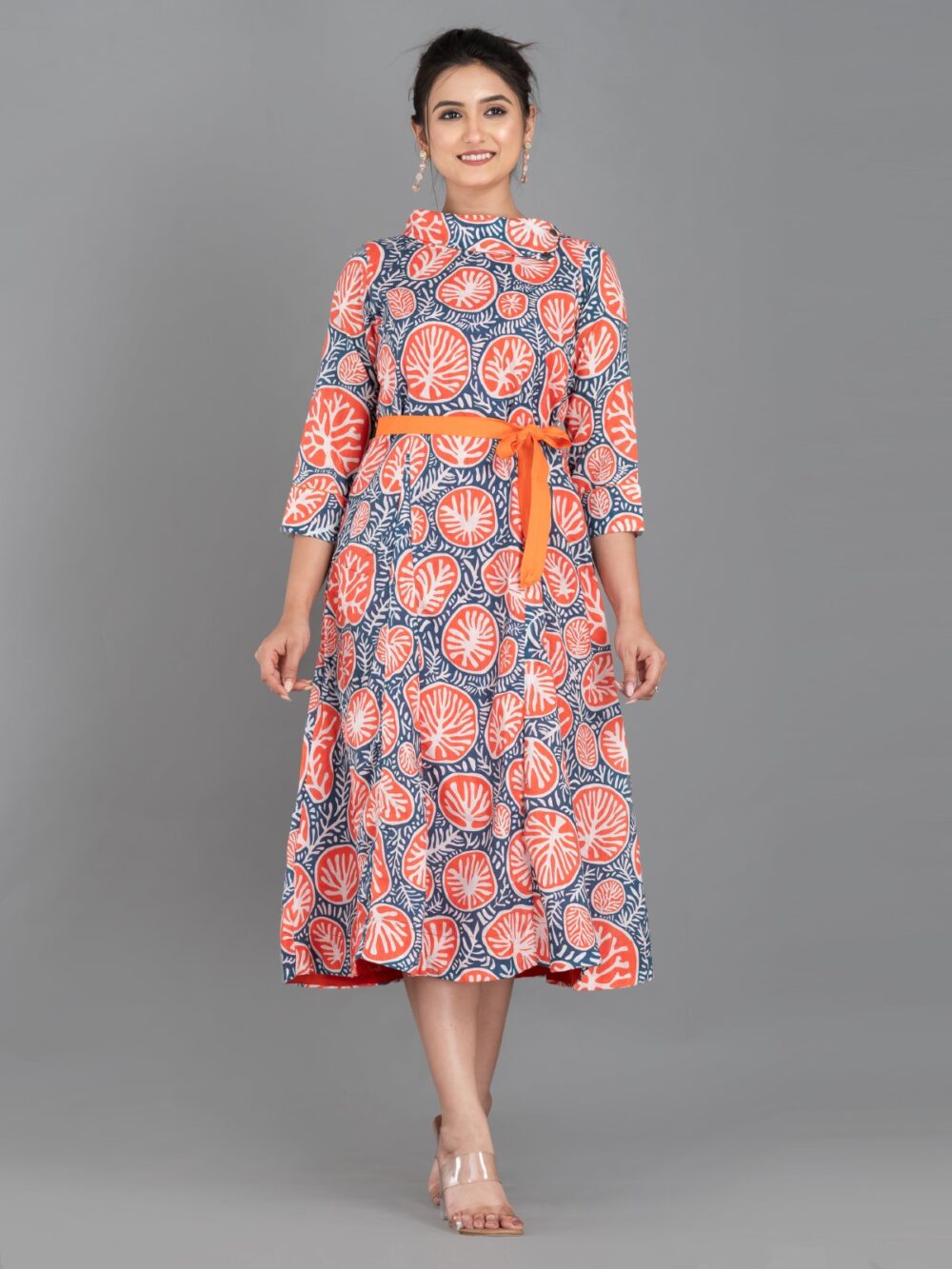 Orange-Blue Pure Cotton Digital Print Indo-Western Dress with Collar & Pockets - Image 5