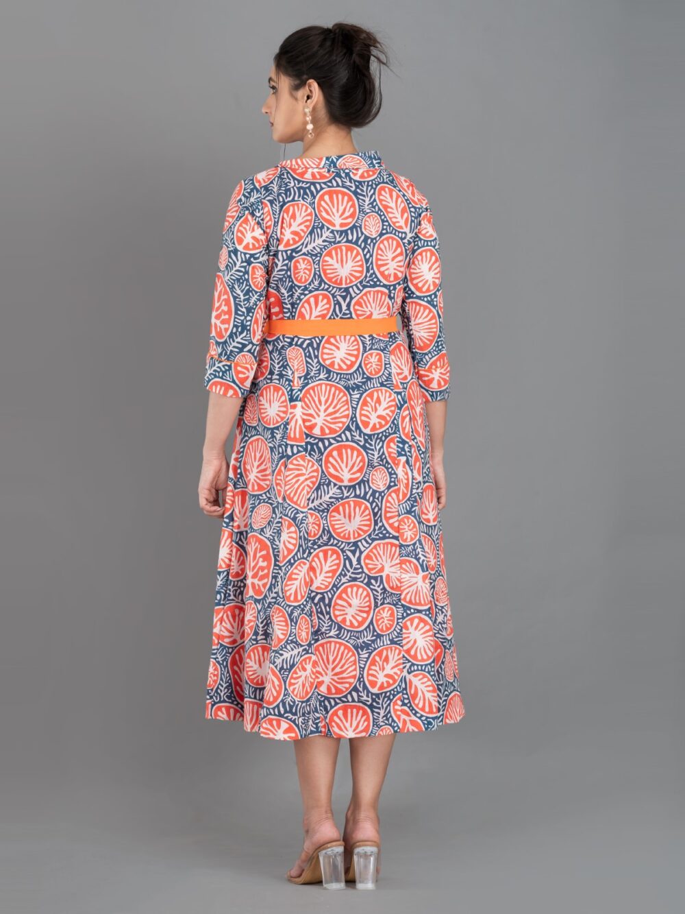 Orange-Blue Pure Cotton Digital Print Indo-Western Dress with Collar & Pockets - Image 6