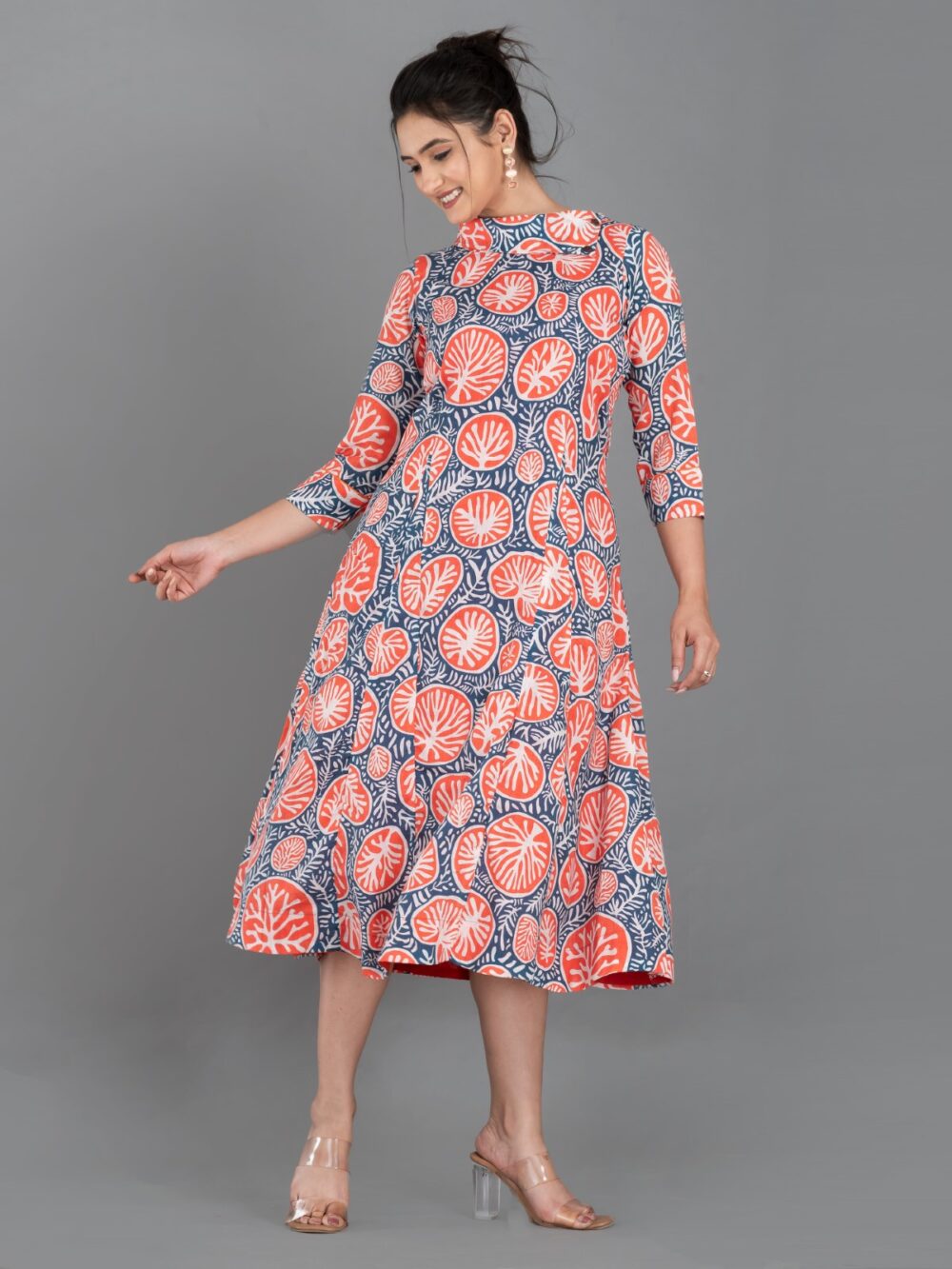 Orange-Blue Pure Cotton Digital Print Indo-Western Dress with Collar & Pockets - Image 7