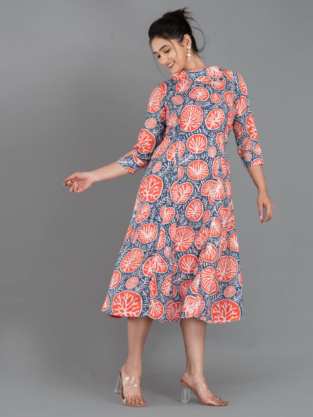 Orange-Blue Pure Cotton Digital Print Indo-Western Dress with Collar & Pockets - Image 8