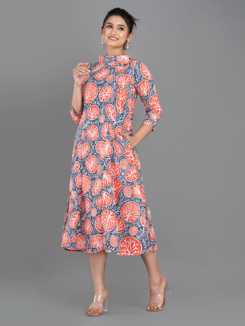 Orange-Blue Pure Cotton Digital Print Indo-Western Dress with Collar & Pockets - Image 9