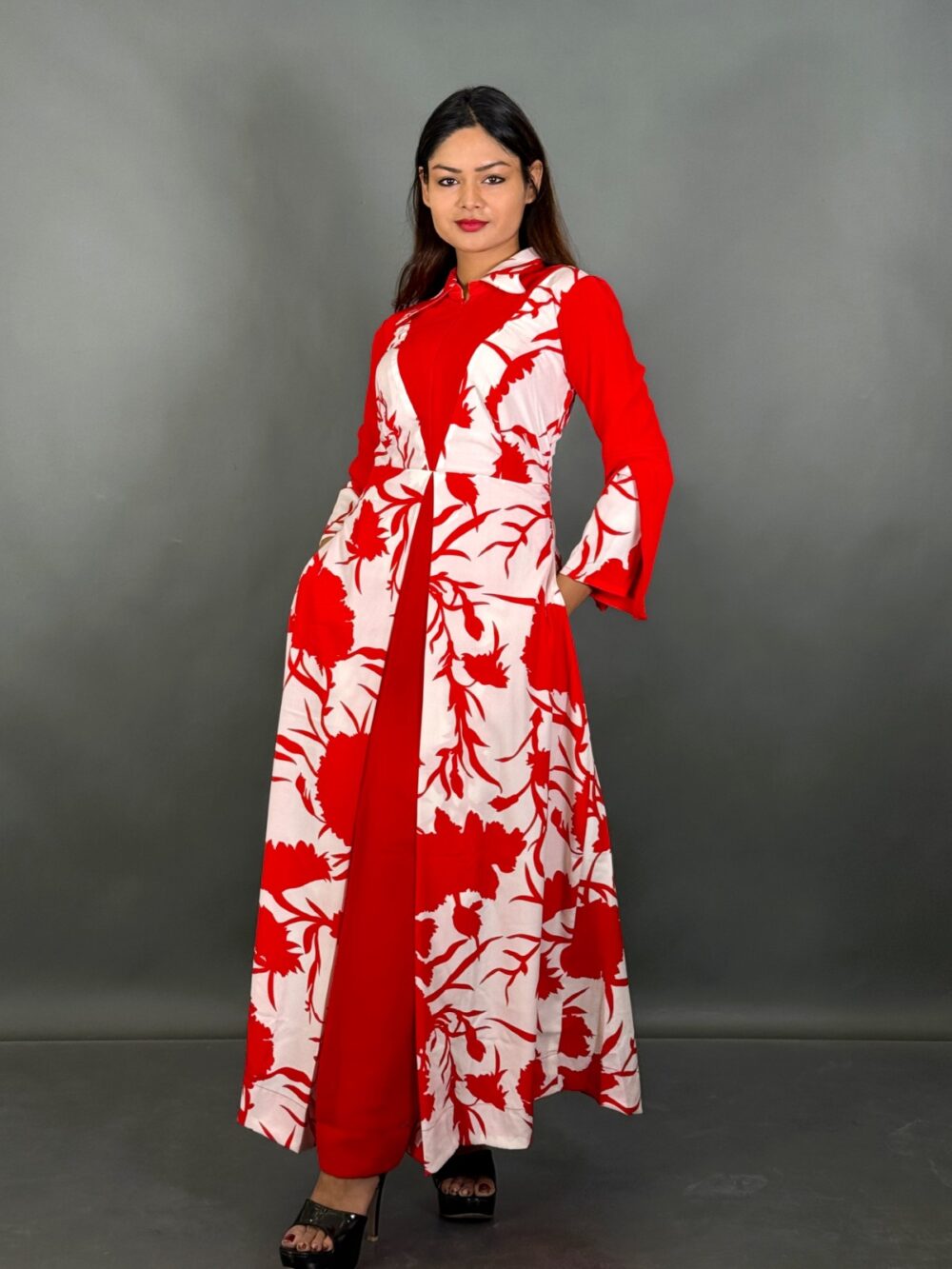 Red & White Floral Print Indo-Western Umbrella Gown with Designer Lining - Image 2