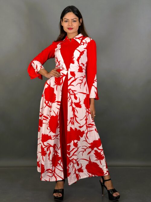Red & White Floral Print Indo-Western Umbrella Gown with Designer Lining