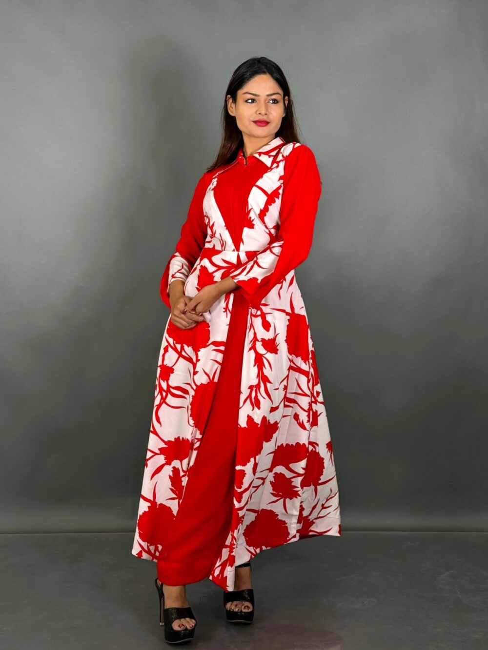 Red & White Floral Print Indo-Western Umbrella Gown with Designer Lining - Image 3