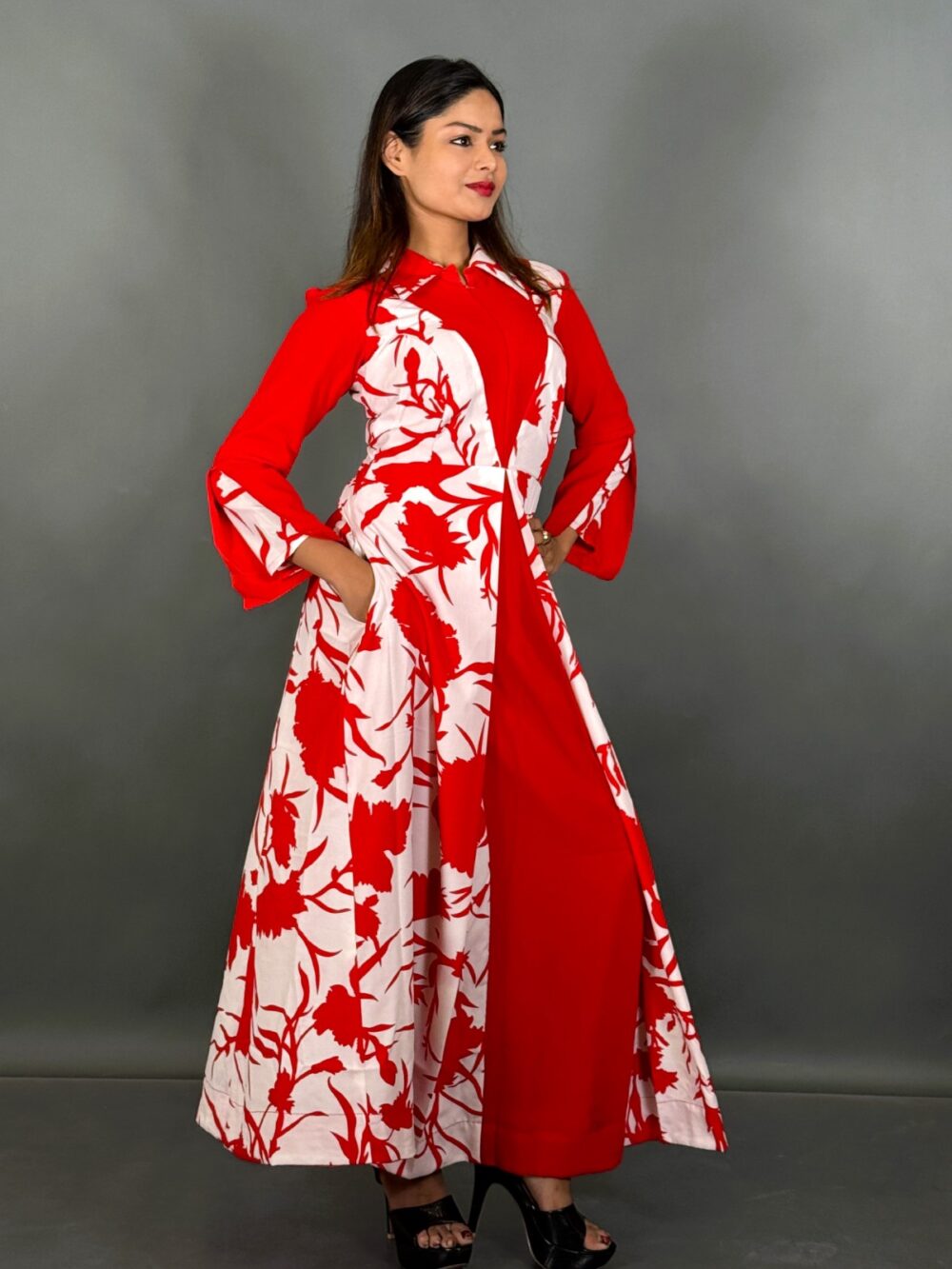 Red & White Floral Print Indo-Western Umbrella Gown with Designer Lining - Image 4