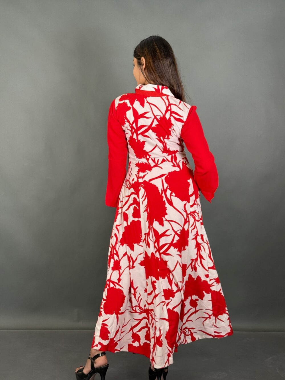 Red & White Floral Print Indo-Western Umbrella Gown with Designer Lining - Image 5