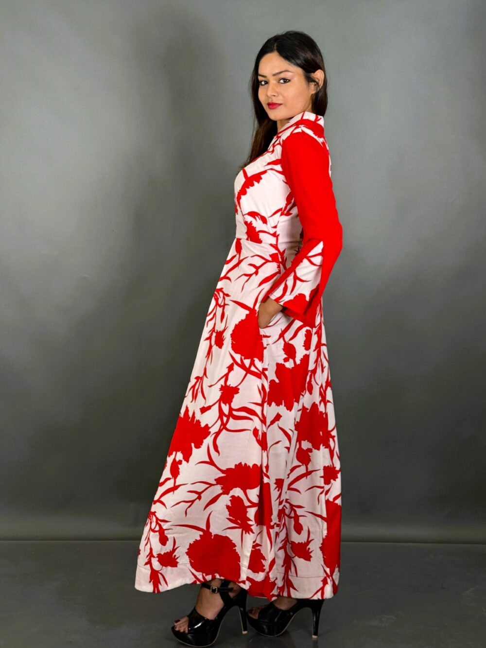 Red & White Floral Print Indo-Western Umbrella Gown with Designer Lining - Image 6