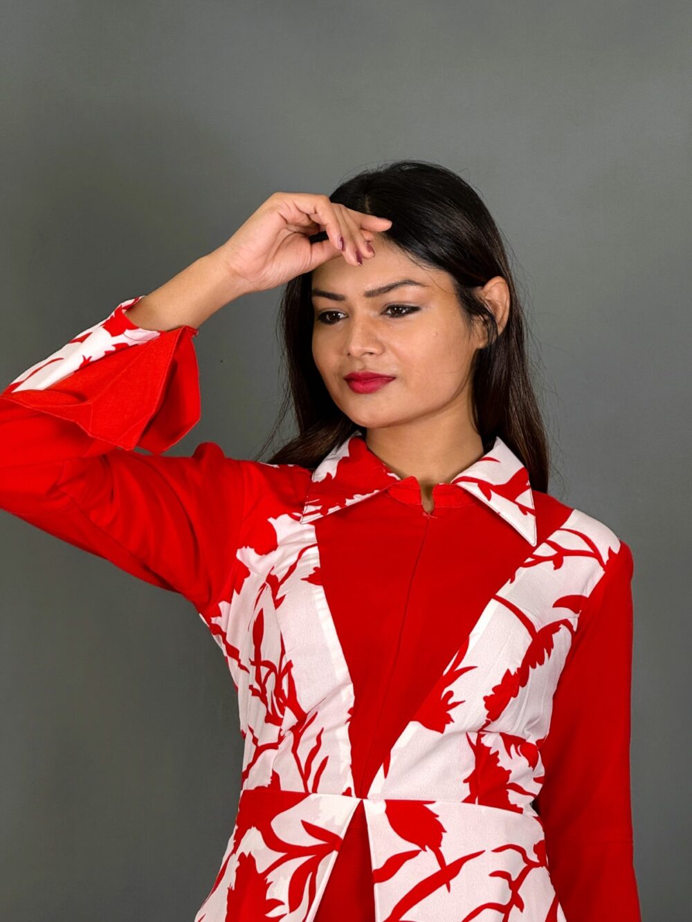 Red & White Floral Print Indo-Western Umbrella Gown with Designer Lining - Image 7