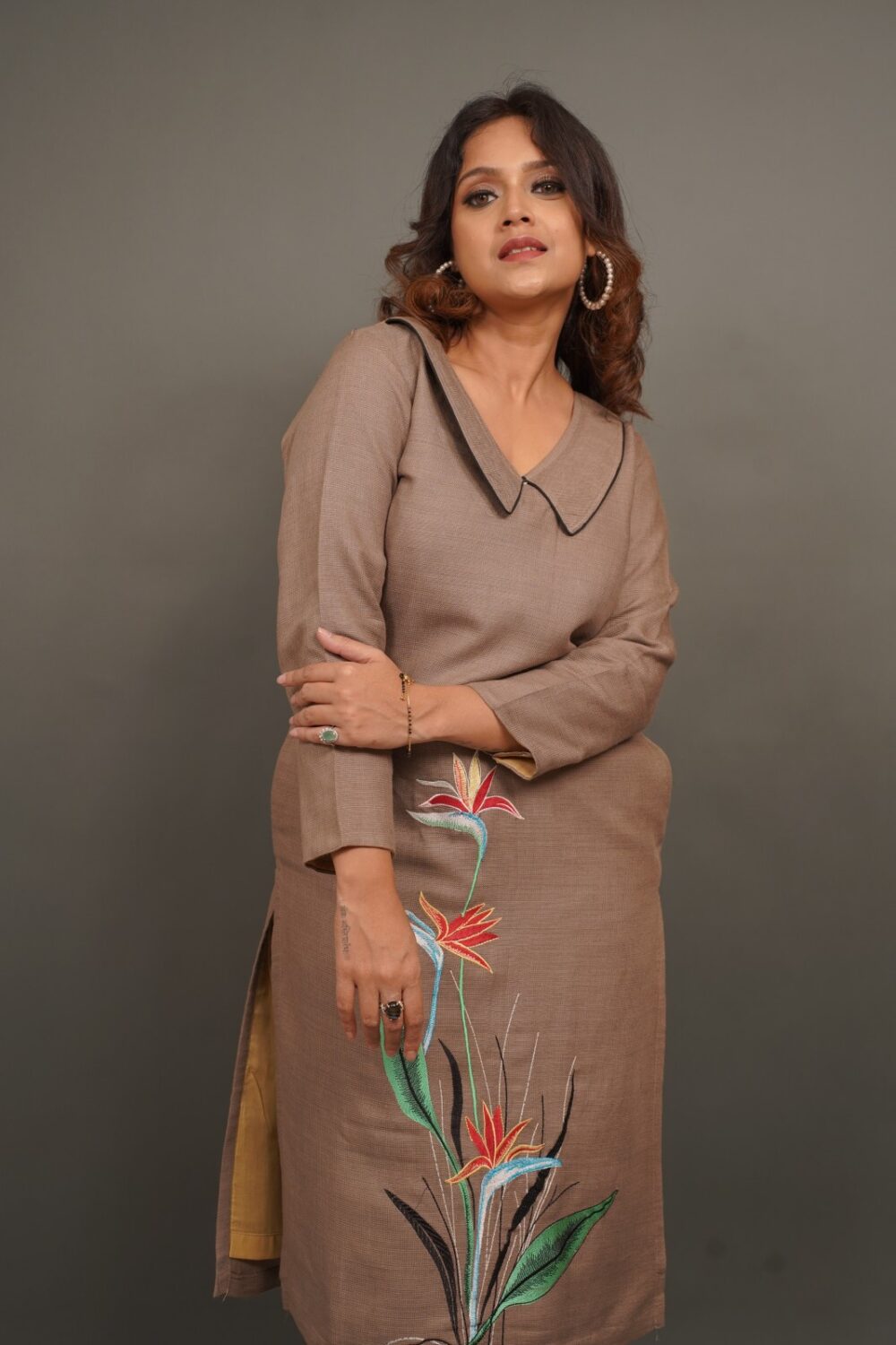 Beige Multi-Color Embroidered Designer Kurti with Collar, Pocket & Lining