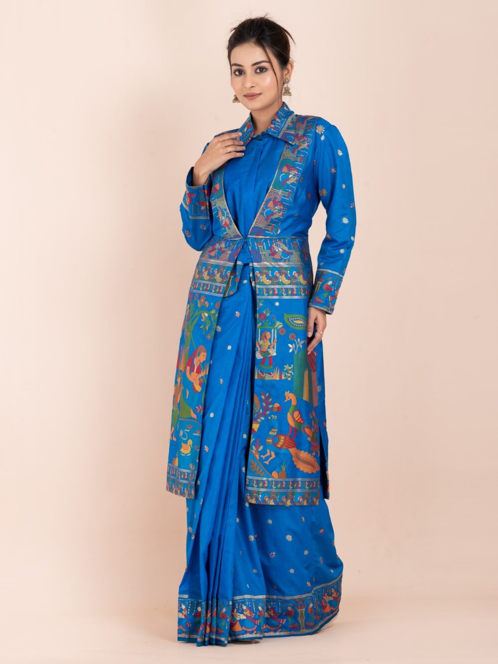 Elegant Firoja Blue Semi-Silk Insta-Saree Fusion Dress,Blouse, Skirt & Long Jacket - Image 5