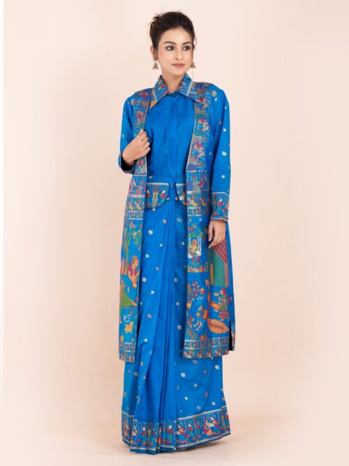 Elegant Firoja Blue Semi-Silk Insta-Saree Fusion Dress,Blouse, Skirt & Long Jacket