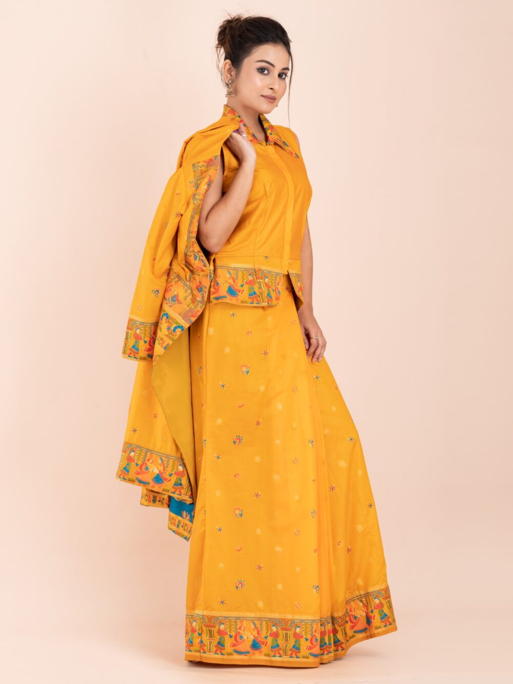 Elegant Ambar Yellow Semi-Silk Insta-Saree Fusion Dress,Blouse, Skirt & Long Jacket - Image 3