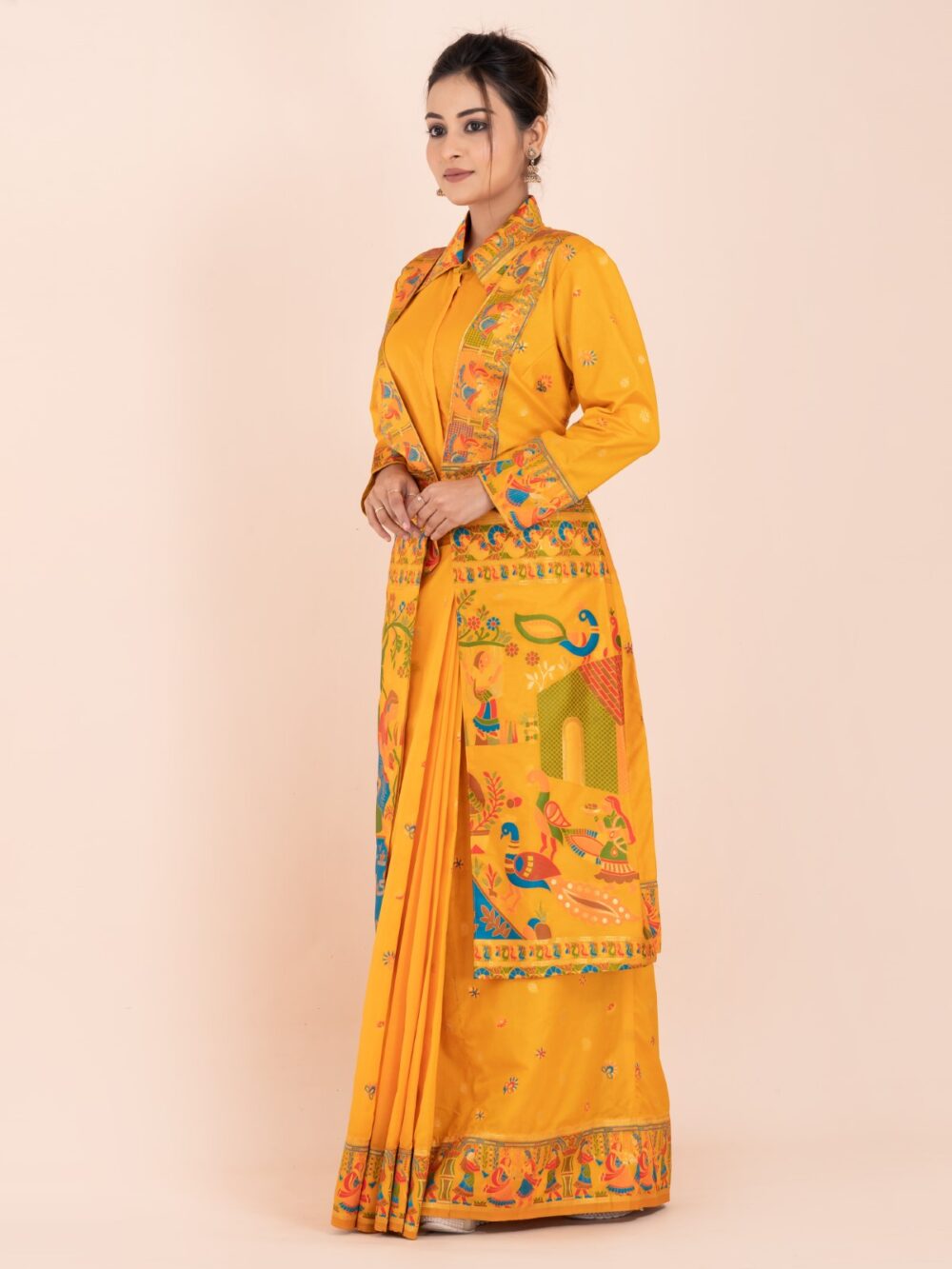 Elegant Ambar Yellow Semi-Silk Insta-Saree Fusion Dress,Blouse, Skirt & Long Jacket - Image 6