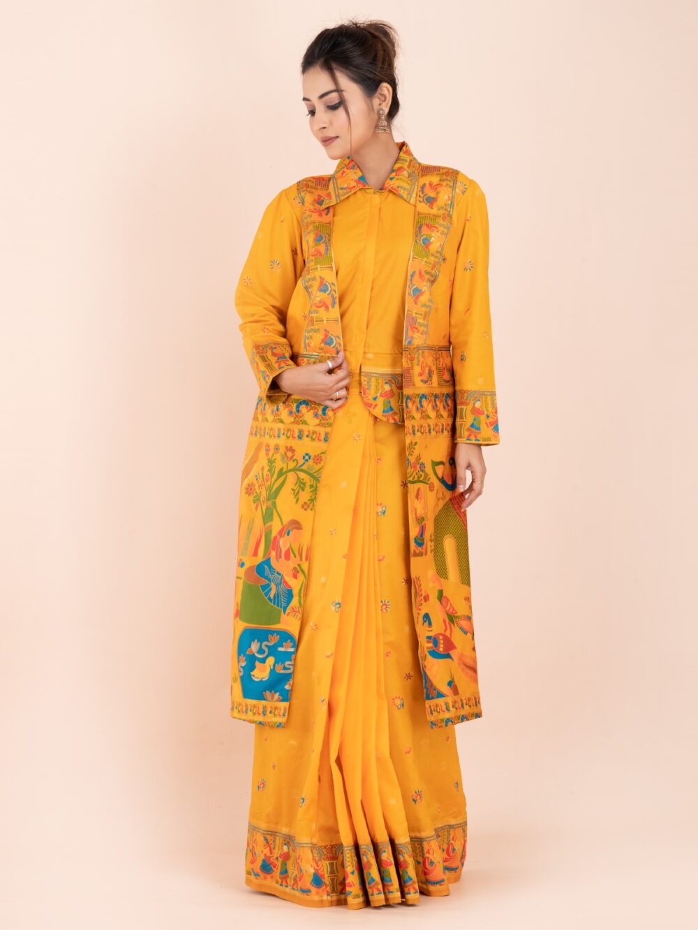 Elegant Ambar Yellow Semi-Silk Insta-Saree Fusion Dress,Blouse, Skirt & Long Jacket - Image 7