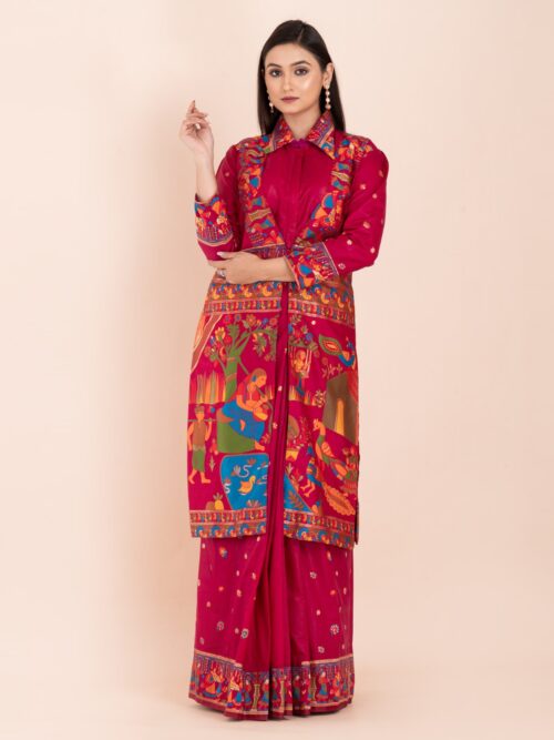 Elegant Fuchsia Pink Semi-Silk Insta-Saree Fusion Dress,Blouse, Skirt & Long Jacket