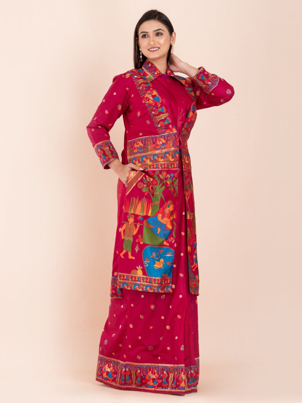Elegant Fuchsia Pink Semi-Silk Insta-Saree Fusion Dress,Blouse, Skirt & Long Jacket - Image 8