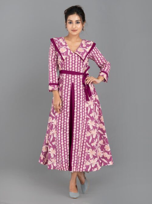 Lavender Breeze – Indo-Western Cotton Fusion Dress with Pockets