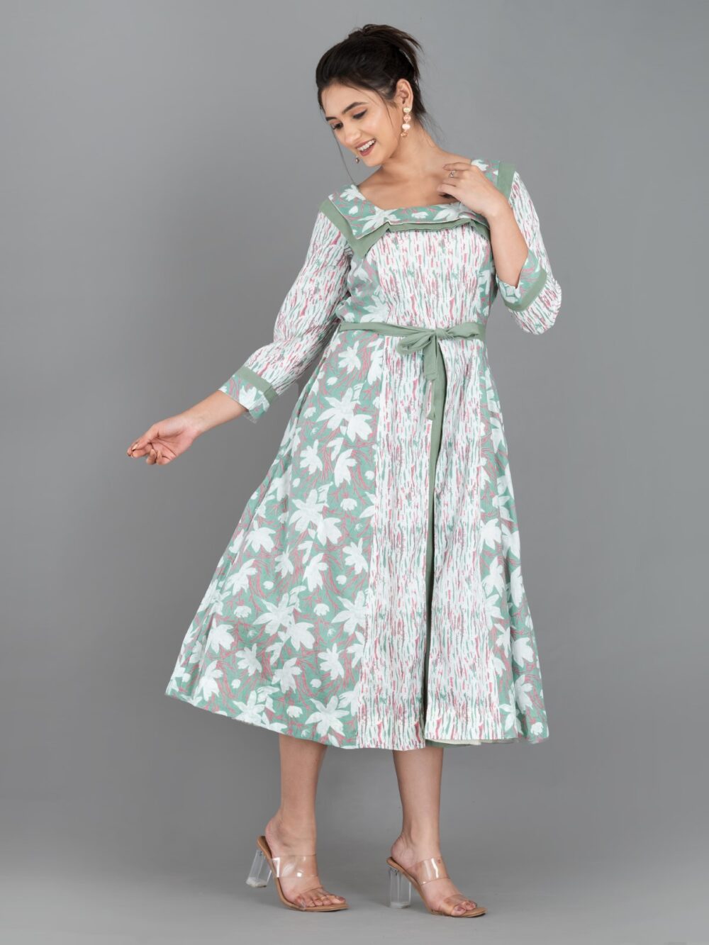 Mint Whisper – Pista Green & White Cotton Fusion Dress with Pockets - Image 6