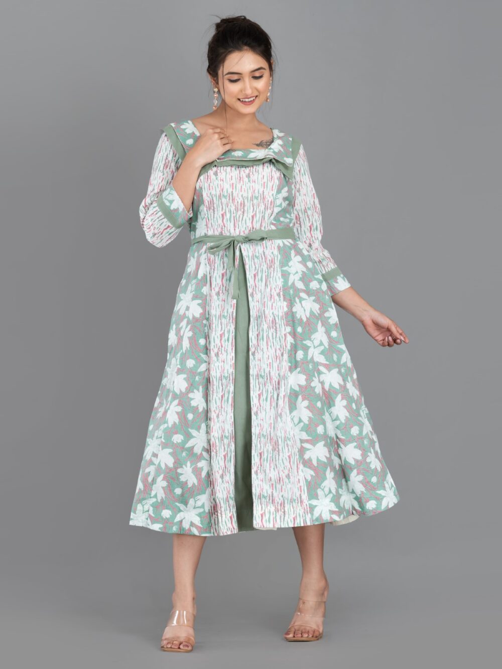 Mint Whisper – Pista Green & White Cotton Fusion Dress with Pockets - Image 5