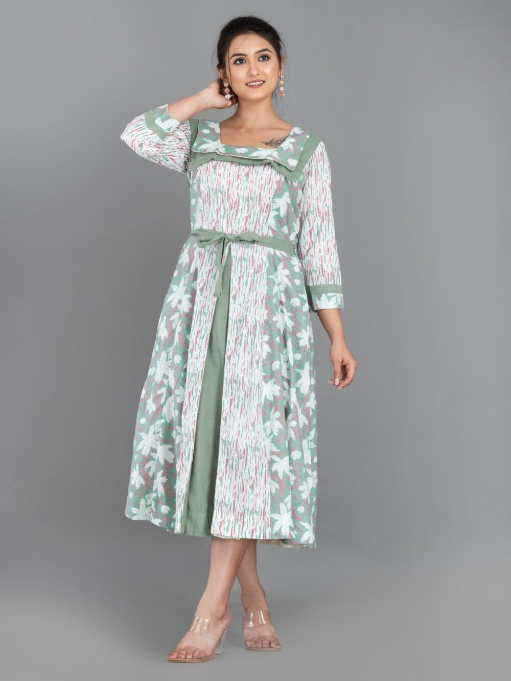 Mint Whisper – Pista Green & White Cotton Fusion Dress with Pockets - Image 4