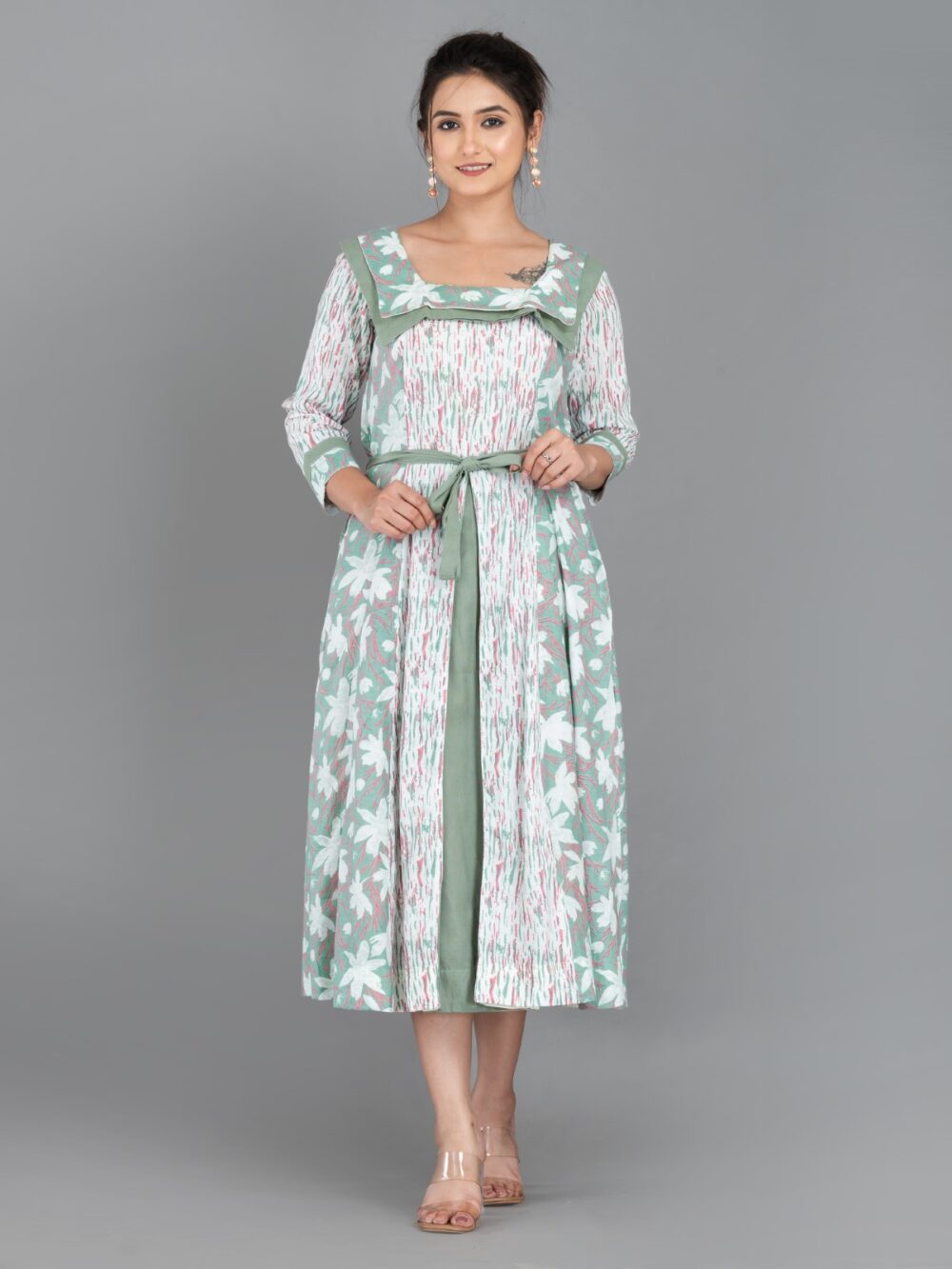 Mint Whisper – Pista Green & White Cotton Fusion Dress with Pockets